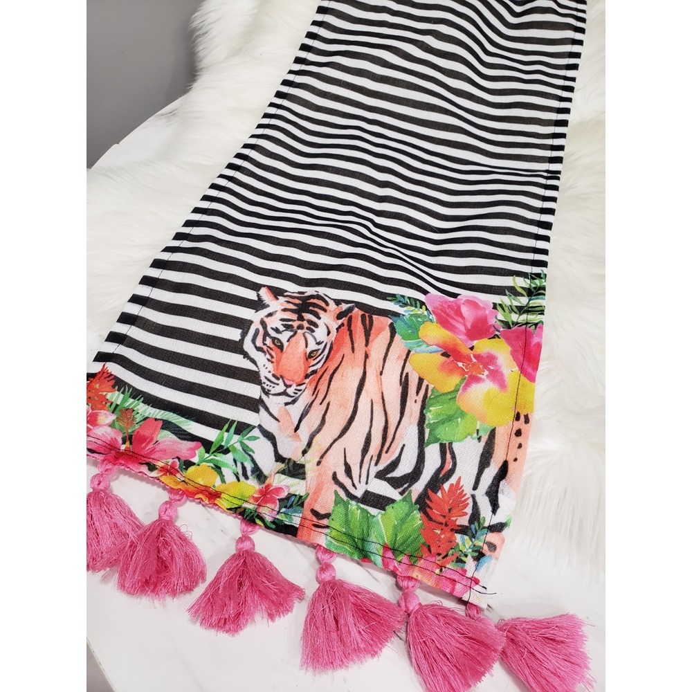 TIGER Table Runner Tassel Maximilist Floral Striped Black White Pink Decor